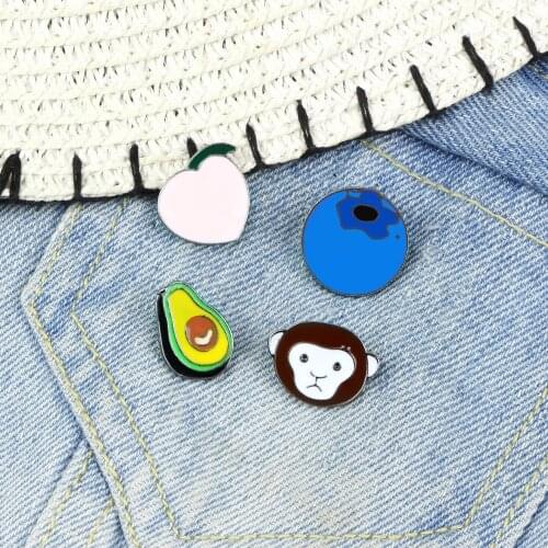 Cartoon Monkey Peach Blueberry Avocado Enamel Pins Brooches for Women Men Denim Lapel Jackets Pins Animal Badge Button Brooch