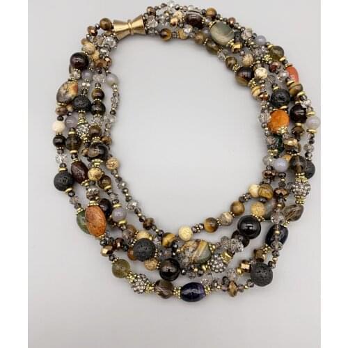 FoLisaUnique Lava Rock Jasper Agate Necklace For Women Gift Smokey Quartz Tiger Eye Azurite Crystals
