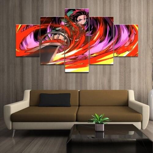 Canvas Painting Wall Art 5 Panels HD Anime Boy Picture Kamado Tanjirou Demon Slayer Poster Animation Home Decor Painting