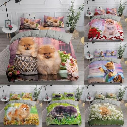 Pet Dog Cute Puppy Bedding Set 3D Printed Cute Pomeranian Duvet Cover Set Bedclothes 2/3pcs Home Textiles Luxury High Quality
