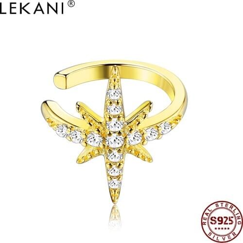 LEKANI Star Shape 925 Sterling Silver Clip Earrings For Women Shiny White Round Cubic Zirconia Earring Anniversary Fine Jewelry