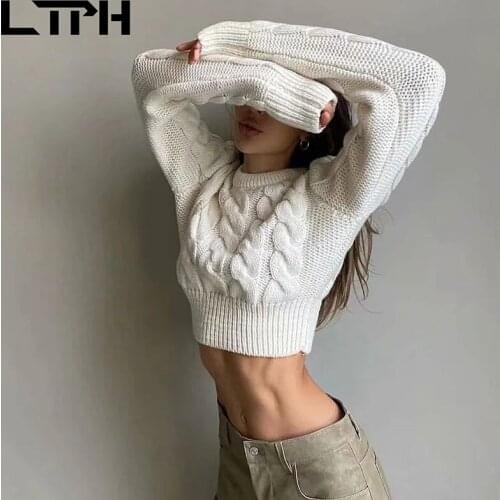LTPH short coarse yarn twist knitted pullovers women long sleeve top solid color casual O-neck jumpers soft warm 2021 autumn new