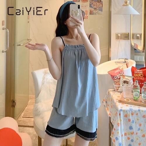 CAIYIER Cute Women Sleepwear Spaghetti Strap Top + Shorts Pajamas Set Soft Sexy Summer Nightwear Korean Two Piece Pijama Nightie