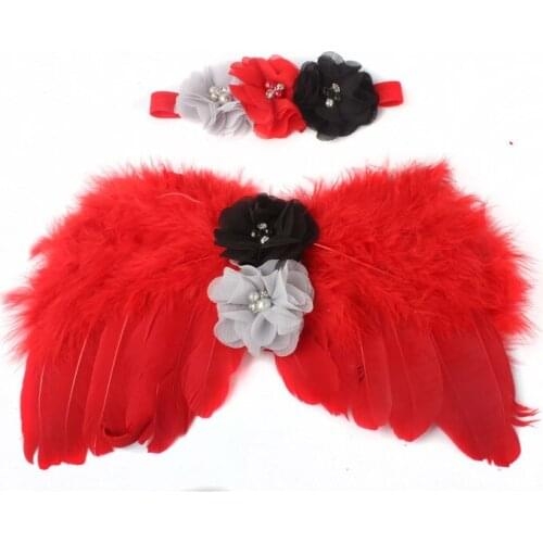 Fashion Newborn Baby Kids Feather Lace diamond Rhinestone Headband & Angel Wings Flowers Photo photography props