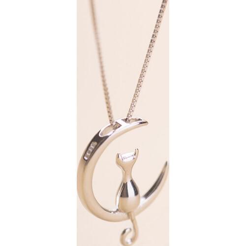Fashion Cat Moon Pendant Necklace Charm Silver Gold Color Link Chain Necklace For Pet Lucky Jewelry For Women Gift