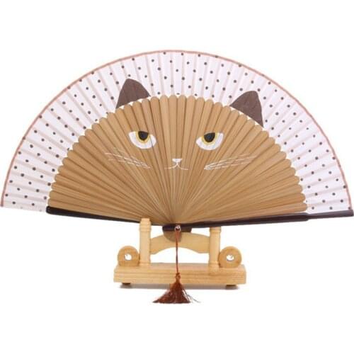 Cartoon Folding Fan Cute Cat Hand Painted Summer Silk Bamboo Pocket Fan for Home Decor Silk Fan Wedding Gifts Party Supplies