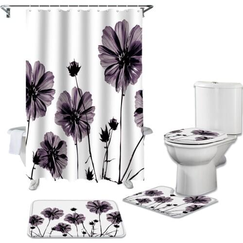 Purple Artistic Flowers Shower Curtains Set Bath Mat Set Toilet Cover Bathroom Accessories Bathroom Rug Set