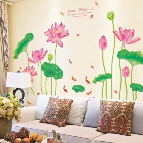 [SHIJUEHEZI] Chinese Style Lotus Flower Wall Stickers DIY Fish Mural Decals for Living Room Study Room Kitchen Decoration