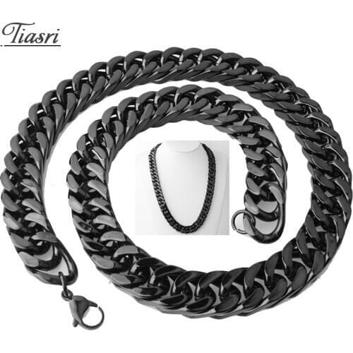 Tiasri 17mm Curb Cuba Miami Necklace Bracelet Heavy Stainless Steel Chain Black Color Collar Choker Link Gift Jewelry Wholesale