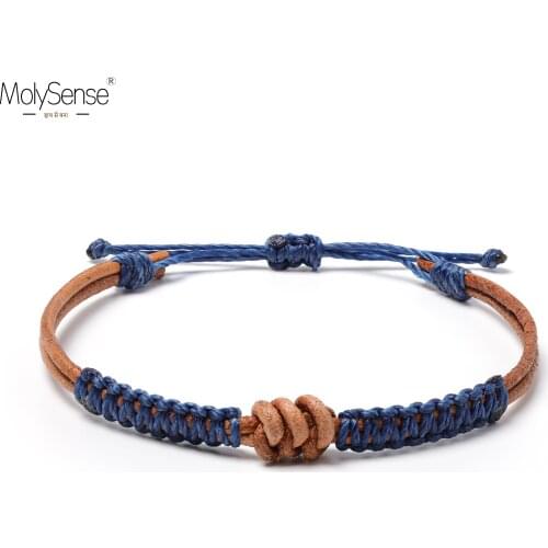 MolySense Handmade Real Leather Knot Waterproof Wax Thread Lucky Blue Rope Bracelet & Bangles Women Men Woven Macrame Bracelets
