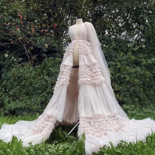 Blush Pink Lush Maternity Dress For Photo Shoot Tulle Sheer Maternity Robe Baby Shower Fluffy Ruffle Maternity Dressing Gown