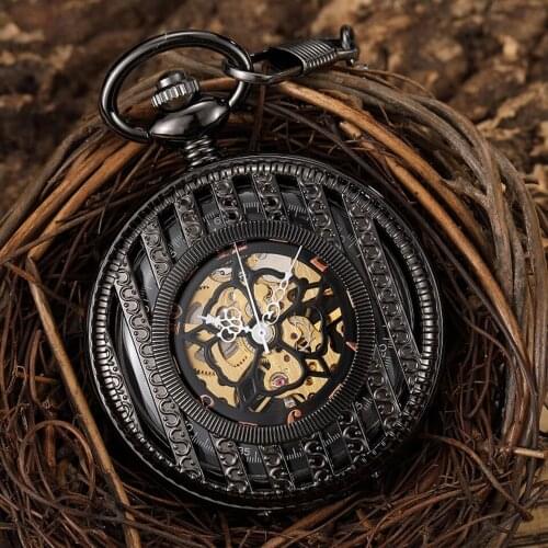 Luxury Black Mechanical Pocket Watch Hand-Winding Hollow Steampunk Skeleton Fob Watches Chain Necklace Pendants For Men Women