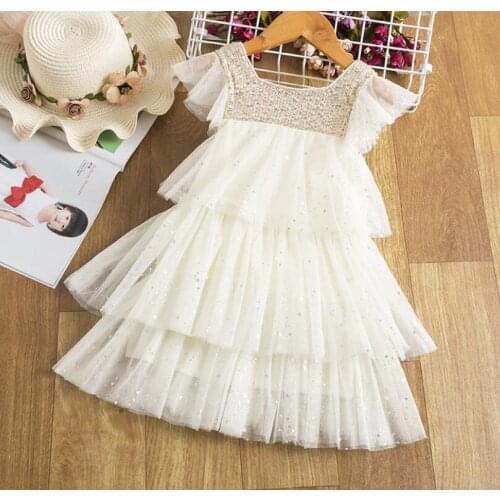 Retail New 2021 Summer Baby Girls Sparkle Star Cake Dress , Girls Princess Sweet Clothes 3-7T