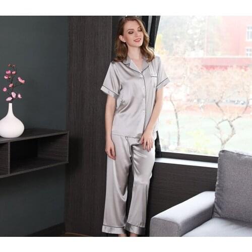 New Silk Pajamas Womens Suit Short Sleeve Summer Solid Color Simple Stretch Satin Mulberry Silk Home Wear T8147