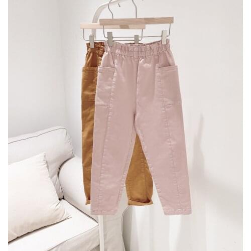 Presell August 20th 2021 Girls pants solid pink yellow colour cotton girls trousers