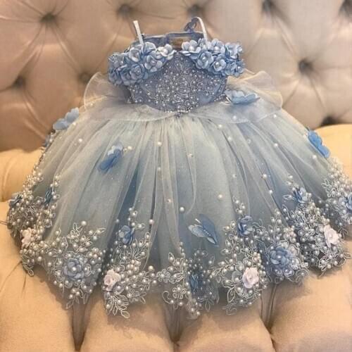 Light Sky Blue Princess Gown Pearls Flower Girl Dresses For Wedding Party Gowns Floor Length Tulle First Communion Dress