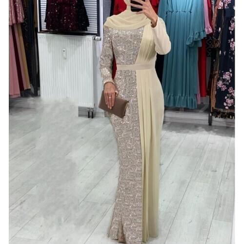 Evening Dresses Long Sleeve 2020 Vestido Longo Festa Plus Size Mermaid Silver Sequins and Champagne Chiffon Arabic Muslin