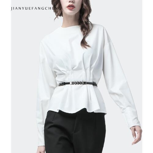 Elegant White Blouse Women Top Without Belt O-Neck Long Sleeve Plus Size Draped Female Office Blouses Korean Style Work Wear Top