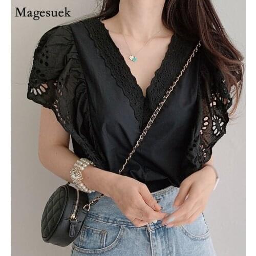 Womens Blouse Korean Style Hollow Out Flying Sleeves Tops New Deep V Collar Exposed Clavicle Elegant Lace Stitching Tops 14727