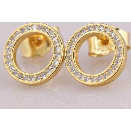 Original Golden Sparkling Circular Forever Crystal Stud Earring For Women 925 Sterling Silver Earring Gift Fine Pandora Jewelry