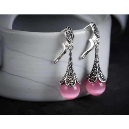 Ladys iSTONE VINTAGE 11/2" RED Natural Stone MARCASITE 925 Natural Stone bread big earringsgirl Wedding