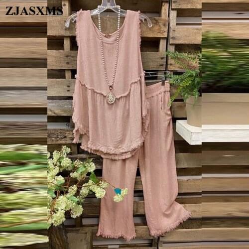 2021 Spring Summer Tassel Two Piece Outfits Women Casual O Neck T Shirt and Elastic Waist Sets Solid Sleeveless Vest Retro Suits