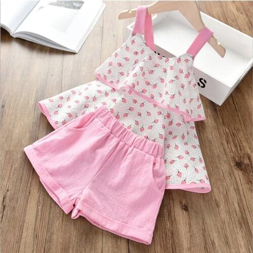 2-8Y Kids Infant Baby Girls Fruit Strawberry Print Suspender Vest Tops Solid Color Shorts Outfits Set Clothes детская одежда 5