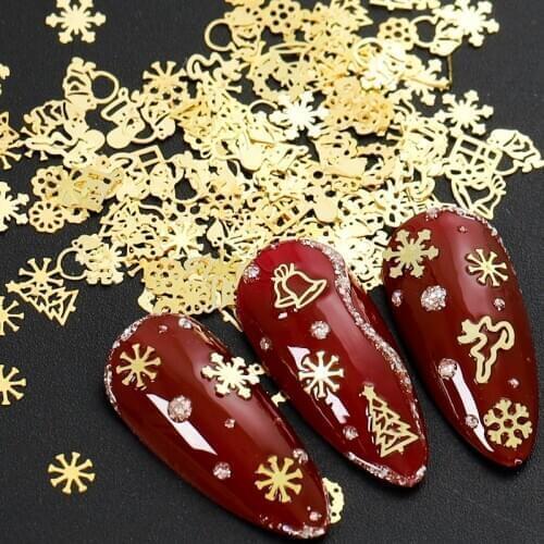 1Box 3D DIY Thin Snowflake Gold Xmas Element Flowers Bow Tie Letter Metallic Nail Art Tips Sequins Manicure Nail Art Decoration