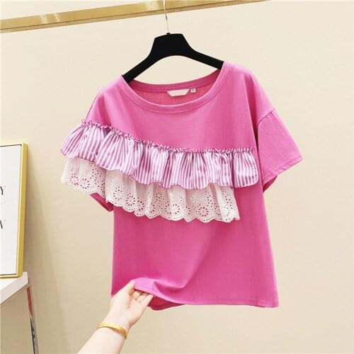 2021 Summer Top Loose T-shirt Girls Students T Shirts Tees Lace Striped Panel Ruffles Pure Cotton Short Sleeve T-shirt Women