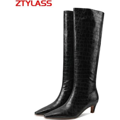2021 Square Toe Low Heel Knee High Boots Women Faux Leather Stone Print Long Boots Fashion Slip On Autumn Winter Shoes Woman