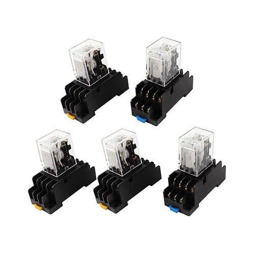 5Pcs DC 24V Coil 4PDT 14 Pin Green LED General Purpose Power Relay w Socket Base