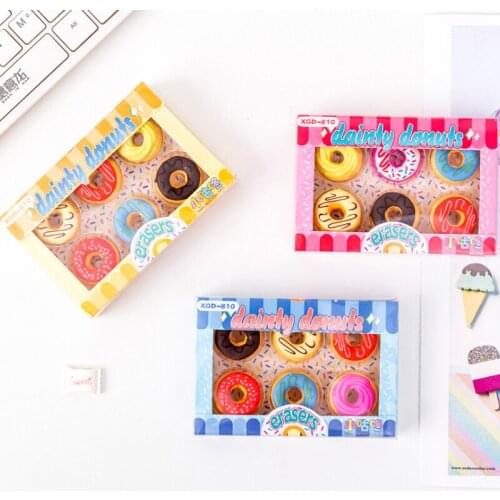 6pcs/set Candy-colored Rubber Pencil Erasers Kawaii School Supplies For Kids Party Favor Gift With Donut Eraser Set