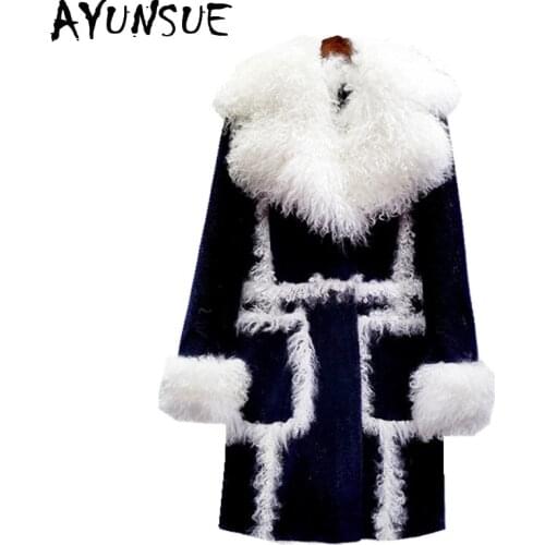 AYUNSUE Real Fur Coat Women Clothes 2020 Winter Jacket Woman Sheep Shearing Real Mongolia Sheep Fur Collar Long Coat KJ1050