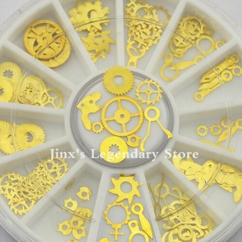 12 Mixed Designs 3D Gold Metal Beauty Gearwheel Nail Art Decoration Slice Decal Foil Wheel Manicure Jewelry Tips Tools