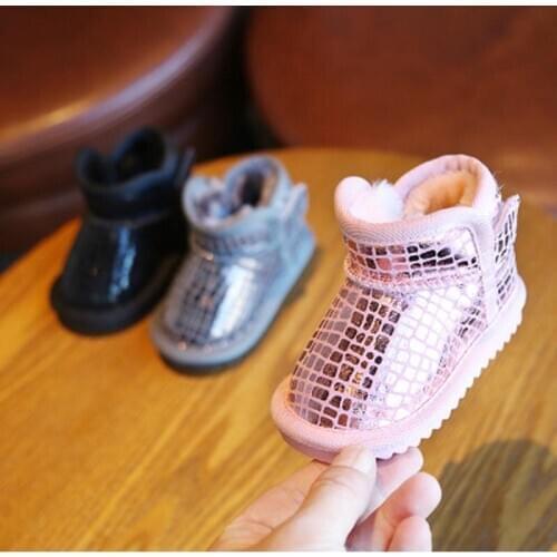 Bibihou Toddler Snow Boots For Kids Girls Boy Bling Winter Warm Plus First Walker Lattice Shallow Ankle Boots Baby Shoes Fashion