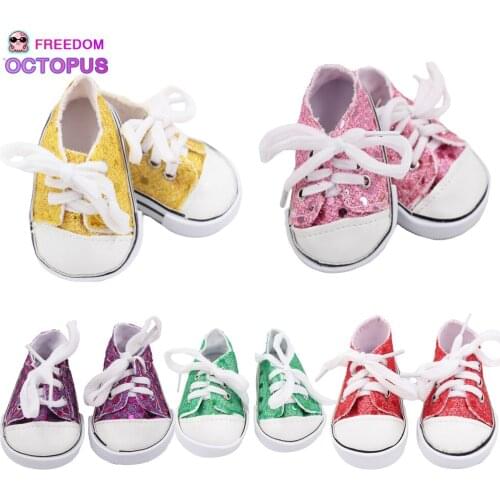 Hot Sale Popular Canvas Shoes For Girl Dolls 7cm Handmade Sneakers With Sequin Shoes For Baby 18Inch American Dolls