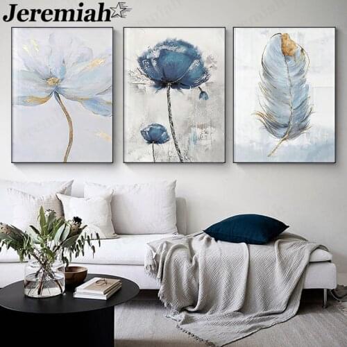 Nordic Blue Flower Canvas Painting Abstract Feather Oil Painting Poster Wall Art Modern Room Living Room Decoration Gift