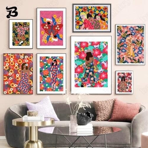 Colorful Flowers Figure Painting Wall Art Nordic Canvas Posters and Prints Abstract Butterfly Wall Pictures for Hoom Decoration