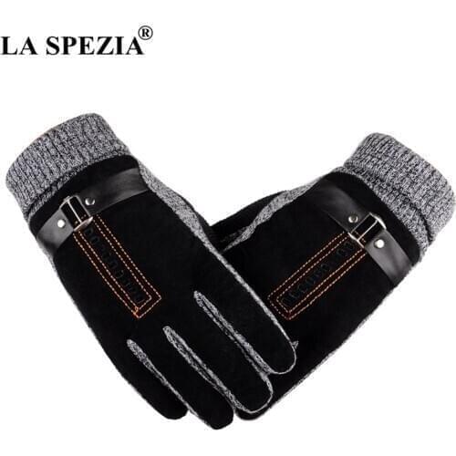 LA SPEZIA Mens Gloves Warm Pigskin Male Genuine Leather Gloves Motorcycle Black Suede Knitted Thick Antiskid Winter Mitten Men