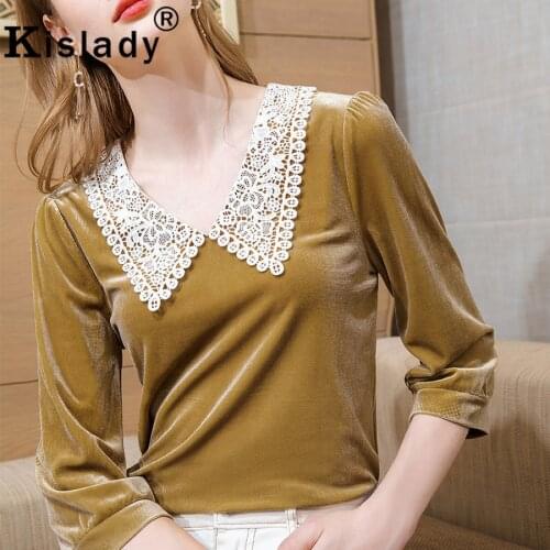 2021 Spring New Turn-down Collar Lantern Sleeve Gothic Shirts Harajuku OL Patchwork Pleuche Shirts Embroidery Sexy Tops Clothes