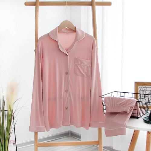 Modal Spring and Autumn Couple Pajamas Lapel Long-Sleeve Trousers Home Service Solid Color Sets Thin Loose Two-piece Sleepwear