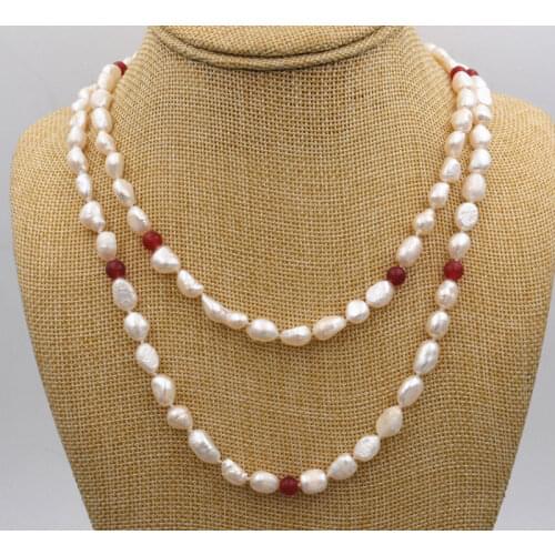 Pretty Natural 8-9 mm Freshwater Baroque Pearl & Red stone jewelry necklace 48 "