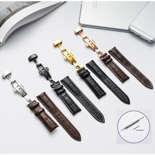 Genuine Leather Watchband 12/13/14/15/16/17/18/19/20/21/22/23/24mm Wristwatch Straps Press Butterfly Buckle Watch Accessories