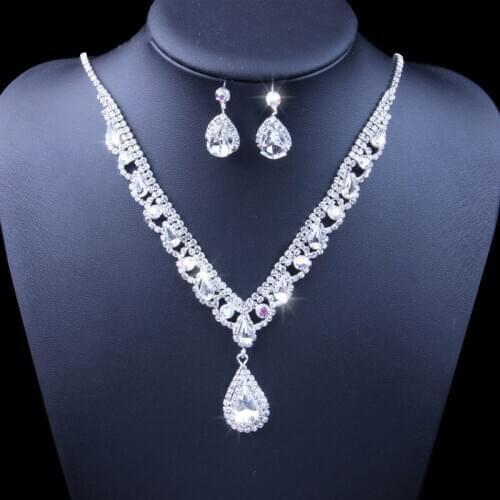 TREAZY Luxury Silver Plated Rhinestone Crystal Waterdrop Necklace Earrings Set for Women Wedding Bridal African Jewelry Sets