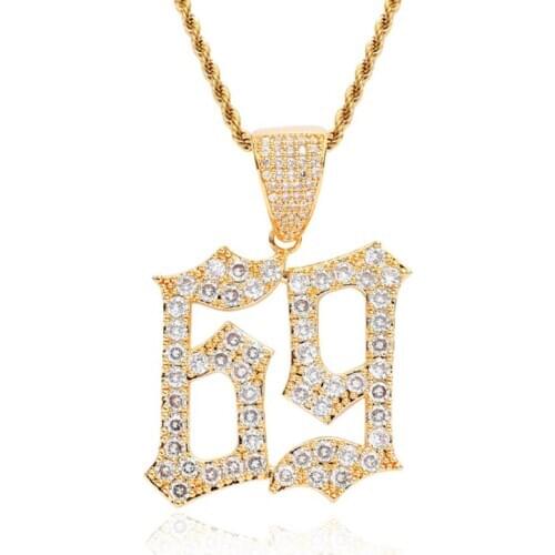 Rhinestone Men Necklace Ice Out Cubic Zircon Numbers Pendant Gold Silver Color Hip Hop Charm Chain Jewelry