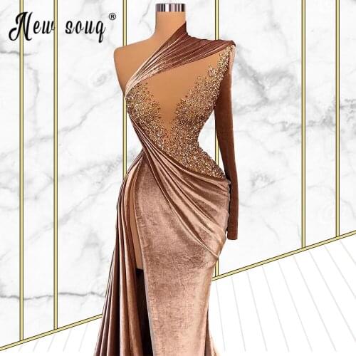 Dubai Mermaid Velvet Evening Dress One Shoulder 2021 Sexy Side Split Prom Dresses Beaded Court Train Graduation Party Gowns