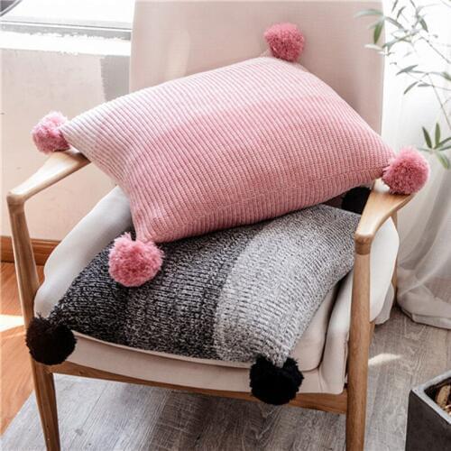 Knit Cushion Cover Grey Pink Pillow Case 45*45cm Cute Pompom Ball Cushion Case Soft For Sofa Bed Nursery Room Decorative
