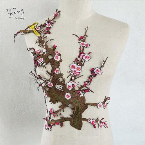 Cherry blossom tree embroidery fake collar design branch bird DIY clothing craft supplies material accessories 1 piece for sale