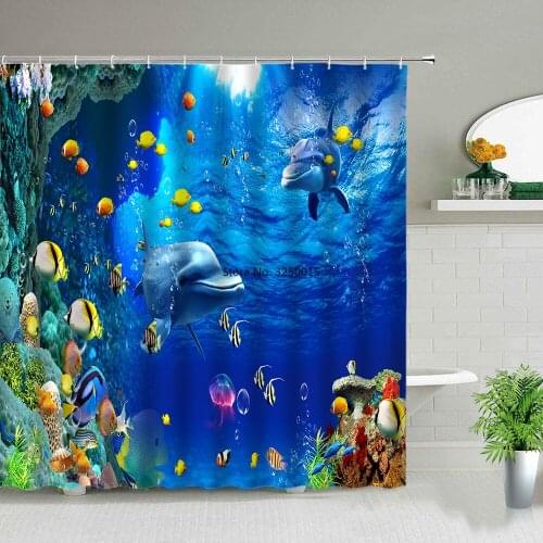 Ocean Animal Dolphin Shower Curtains Beach Palm Tree Tropical Fish Scenery Bathroom Waterproof Fabric Bath Curtain Set With Hook