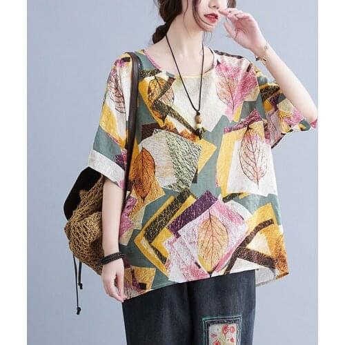 Women Cotton Linen Casual T-shirts New Arrival 2021 Summer Freely Style Vintage Print Loose Comfortable Female Tops Tees S3633